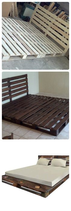 the bed frame is made out of pallet wood and has no sheets on it