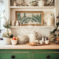 a shelf with dishes and cups on it in a kitchen next to a christmas tree