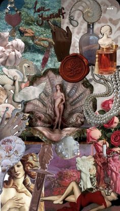 a collage of art work with women, flowers and perfume bottles