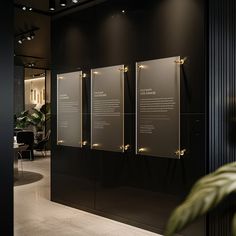 a black and white room with three glass panels on the wall next to a potted plant