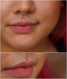 two pictures of a woman's nose with piercings on her nose and bottom lip