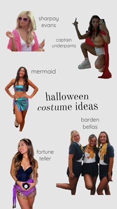 several different types of costumes for women in various colors and sizes, with the names of each