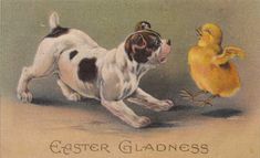 a dog chasing a yellow duck in front of an easter card with the words, easter gladness