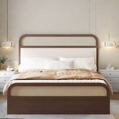 a bedroom with a bed, nightstands and two night stands on either side of the bed