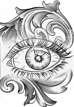 an eye with swirls and waves in the shape of a wave, on white paper