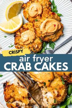 crispy air fryer crab cakes on a plate with lemon wedges