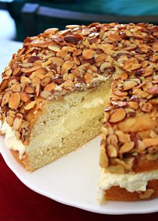 a white plate topped with a cake covered in nuts