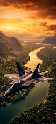 a fighter jet flying over a lush green forest under a cloudy sky with the sun setting