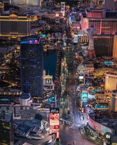 an aerial view of the las vegas strip at night, looking down on the city