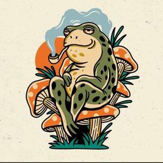 a frog sitting on top of a mushroom with a pipe in it's mouth