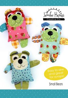 three stuffed animals with different patterns and colors on them, one is green, the other is blue