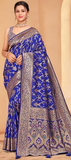 Blue color Saree in Banarasi Silk fabric with Weaving work Blue Color Saree, Festive Saree, Traditional Sarees, Blouse Length, Petticoat, Silk Fabric, Blue Fashion, Weaving, Saree