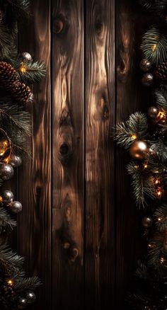 a wooden background with pine cones and christmas ornaments on it's sides, as well as an evergreen branch