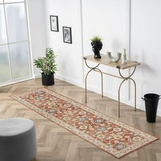 a living room with a rug on the floor and potted plants next to it