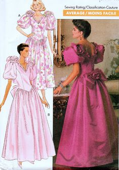 Vintage Butterick 3014 80's Evening Dress Prom Dress Wedding Gown This pattern is: Unused Collectible, Envelope is Very Good My environment is Smoke and Pet Free Size: Misses 8, 10, 12,  Bust:, 31 1/2, 32 1/2, 34 inches Waist, 24, 25, 26 1/2 inches Hip:, 33 1/2, 34 1/2, 36 inches Sewing Description: Pattern and instructions for sewing  Misses Dress Sewing Pattern 1988: Misses' Dress. Dress, lower calf or evening length, has neck ruffle, close-fitting, shaped, lined, dropped waist bodice with side front seams, flared skirt with side front and side back seams (no side seams), above elbow sleeves with stiffening at cap and elastic at lower edge, back zipper, front and back flowers and bow. Don't pass up this Vintage Pattern because it is the wrong Size? You can grade this pattern by following Neckline Sewing, 1990 Models, 80's Prom, Rose Gown, Vintage Bridesmaid Dresses, Vintage Bridesmaids, Prom Dresses Vintage, Miss Dress, Gown Prom