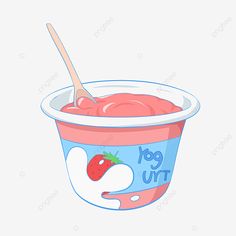 yogurt with strawberries in a plastic cup, cartoon, food png and psd