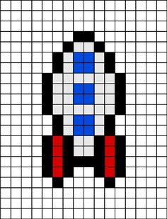 A small pixel art template of a rocket. Space Pixel Art Easy, Space Perler Bead Patterns, Astronaut Pixel Art, Pixelated Astronaut, Space Invaders Cross Stitch, Cartoon Rocket, Christmas Jewelry Diy, Easy Perler Bead Patterns, Easy Pixel Art