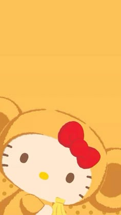 a hello kitty wallpaper with an orange bow on it's head and yellow dress