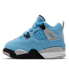 The Air Jordan 4 Retro TD 'University Blue' is a vibrant take on a classic silhouette. The shoe's suede upper is clad in Tar Heel blue, with speckled grey detailing on the foam midsole, decorative wings and Jumpman branded heel tab. The rubber outsole utilizes a herringbone traction pattern for reliable grip, making this shoe perfect for hitting the hardwood. (AJ4/SNKR/High Top/Basketball/Wear-resistant) Nike Air Jordan 4 Retro, Tar Heel, Nike Air Jordan 4, 4 Baby, Jordan 4 Retro, Air Jordan 4, Air Jordan 4 Retro, Tar Heels, University Blue