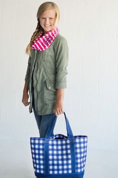 "Monogrammed Tote Bag OR Toiletry Bag Travel in style with this monogrammed tote bag in stunning blue gingham pattern. Order it with a name or add a monogram in your choice of font and thread color. Tote Features: 21\" L x 7\" W x 14\" H Polyester Inside Zipper Pocket Duffel Features: 21\" L x 10\" W x 14\" H Polyester Interior Lining Exterior and Interior Zipper Pocket Dual Zipper Closure Adjustable/Removable Shoulder Strap Reinforced Bottom with Rubber Feet Easy-to-Carry Handles Toiletry Featu Preppy Rectangular Bag For Everyday Use, Preppy Rectangular Bags For Everyday Use, Preppy Blue Everyday Bag, Preppy Blue Bag For Everyday Use, Preppy Blue Bags For Everyday Use, Monogrammed Rain Jacket, Bridesmaid Tote Bags, Mint And Navy, Rain Jacket Women