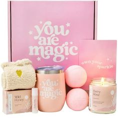 you are magic gift set with candle, soap and bath bomb in pink box on white background