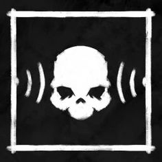 a skull with headphones in front of a black and white square frame on a dark background