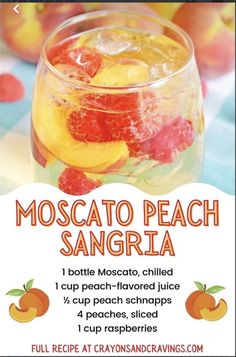 an advertisement for a peach sangria with oranges and raspberries in it