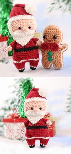 crocheted santa claus and gingerbread cookies are shown in two different views, one is holding a candy cane