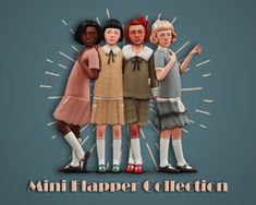 three girls standing next to each other with the words mini harper collection on it's back