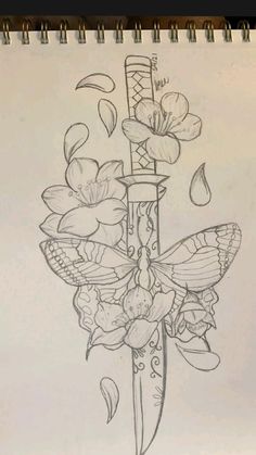 a pencil drawing of a knife with flowers and butterflies on the blade, in front of a sheet of paper