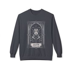 Lilith Unisex Sweatshirt - Goth Cloth Co.Sweatshirt30125042606781193602 Hail Lilith, Tarot Card Design, Bag Patches, Dad Caps, Color Fabric, Eco Conscious, Tarot Card, Hoodie Top, Punk Fashion