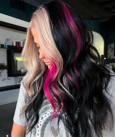 Hair Color Fun Colors, Pink Black Blonde Hair, Pink Blonde And Black Hair, Blonde Pink And Black Hair, Color Blocked Hair, Black And Colored Hair, Pop Of Color Hair, Bright Hair Color Ideas, Edgy Hair Color Ideas