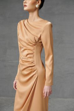 Fitted Pre-draped Dress With Ruched Sides, Fitted Draped Dress With Gathered Neckline, Fitted Draped Dress With Gathered Sleeves, Fitted Long Sleeve Midi Dress With Ruched Bodice, Long Sleeve Midi Dress With Ruched Fitted Bodice, Fitted Silk Draped Dress, Elegant Beige Draped Midi Dress, Fitted Silk Dress With Draped Design, Elegant Beige Draped Dress