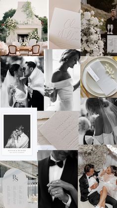 a collage of wedding photos with the bride and groom in black and white colors