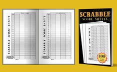 an open book with the words scrabble score sheets on it and a yellow background