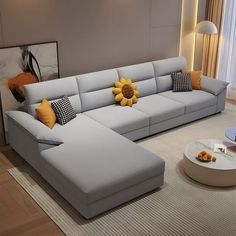 a living room with a large sectional couch