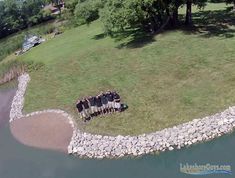 a group of people standing on top of a lush green field next to a lake