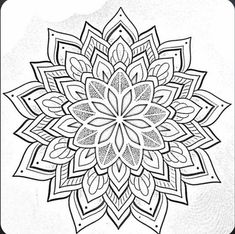 a black and white drawing of a flower with leaves in the center, on a white background