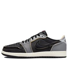 Introducing the Air Jordan 1 Low OG Black Smoke Grey. You won't find another sneaker as sleek and stylish as this piece of footwear from Jordan. Its leather upper is constructed from a breathable nylon, giving you superior comfort and ventilation for long wear periods. At first glance, you will notice its eye-catching mixture of five different colors tone: sail, coconut milk, light smoke grey, dark smoke grey, as well as black. These synthetic hues complete the overall aesthetic of the shoe with Custom Black Fade-resistant Sneakers For Sports, Black Low-top Skate Shoes For Training, Black Fade-resistant Custom Sneakers For Sports, Functional Black Low-top Custom Sneakers, Black Custom Sneakers With Rubber Sole For Training, Functional Black Low-top Skate Shoes, Black Fade-resistant Custom Sneakers For Running, Modern Low-top Custom Sneakers, Black Fade-resistant Skate Shoes For Light Sports