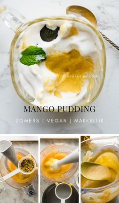 the ingredients for mango pudding being mixed together in a blender and placed on top of each other