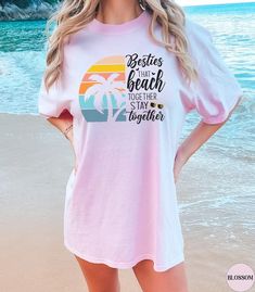 Bestie Matching Comfort Colors Beach Shirts,matching Best Friend Shirts,bestie Tshirt,best Friends Gifts,girls Weekend Shirts,girls Trip - Etsy Pink Cotton Top With Palm Tree Print, Fun Pink Tops For Vacation, Cute Beach Tops For Vacation, Cute Vacation Tops With Funny Print, Cute Vacation Tops With Text Print, Cute Summer Beach T-shirt, Cute Tops For Beach Vacation, Cute Tops For Beach Season Vacation, Cute Crew Neck T-shirt For Beach Season