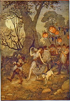 an image of a painting with pumpkins on the tree and people in costume around it