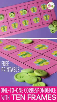 a pink board game with green buttons and the words, free printable one - to - one correspondence