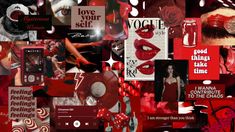 a collage of red and black images