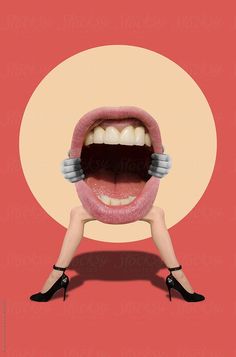 a woman's mouth is open and her legs are stretched out to show the teeth