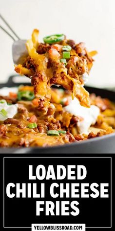 loaded chili cheese fries on a fork with text overlay that reads loaded chili cheese fries