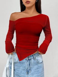 Red Casual Collar Long Sleeve Knitted Fabric Plain  Embellished High Stretch  Women Clothing Red Top Long Sleeve, Going Out Tops Long Sleeve, Red Going Out Top, Red Going Out Outfits, Red Top Outfit Casual, Long Sleeve Tops Aesthetic, Red Top And Jeans, Red Casual Outfit, Outfits Rojos