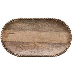 an oval wooden tray with beaded trimmings on the edges and sides, isolated against a white background