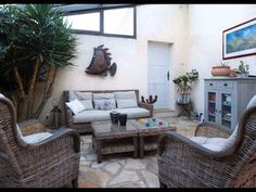 a living room with wicker furniture and potted plants