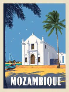 a white building with a palm tree in front of it that says mozzambeque